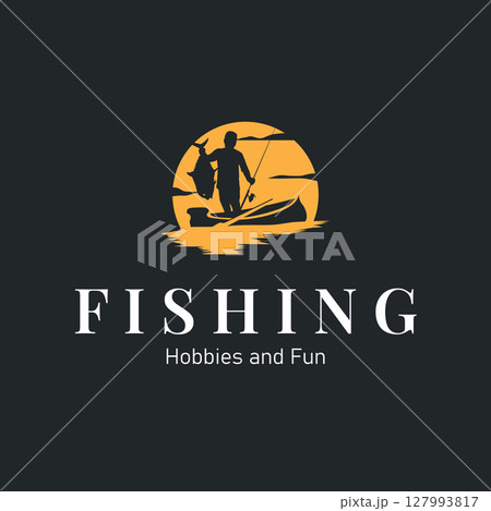 Angler Fishing Logo, Simple Outdoor Fishing Man Silhouette Template Design Angler Fishing Logo, Simple Outdoor Fishing Man Silhouette Template Design 127993817