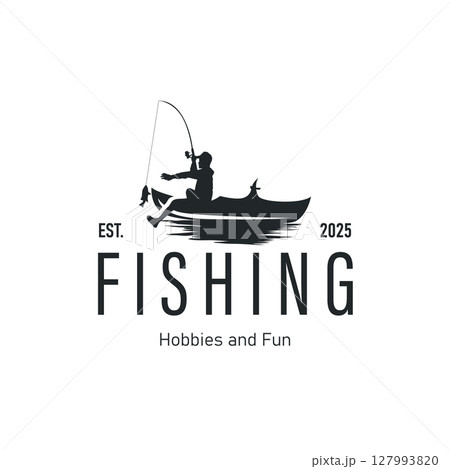 Angler Fishing Logo, Simple Outdoor Fishing Man Silhouette Template Design 127993820