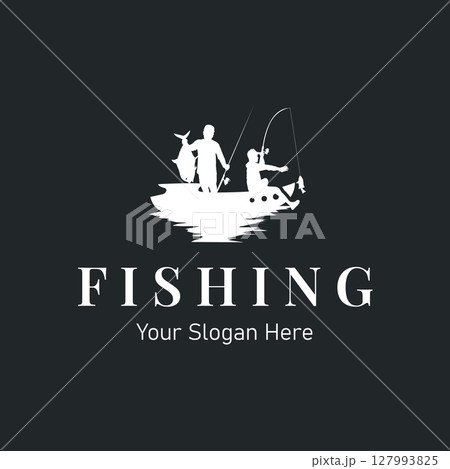 Angler Fishing Logo, Simple Outdoor Fishing Man Silhouette Template Design Angler Fishing Logo, Simple Outdoor Fishing Man Silhouette Template Design 127993825