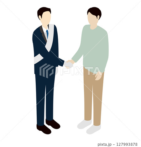 選挙運動中に候補者と有権者が握手をしている場面のアイソメトリックイラスト 127993878