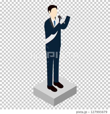 Isometric illustration of a male candidate giving a street speech during an election Isometric illustration of a male candidate giving a street speech during an election 127993879
