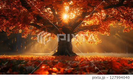 木漏れ日に照らされる紅葉 木漏れ日に照らされる紅葉 127994040