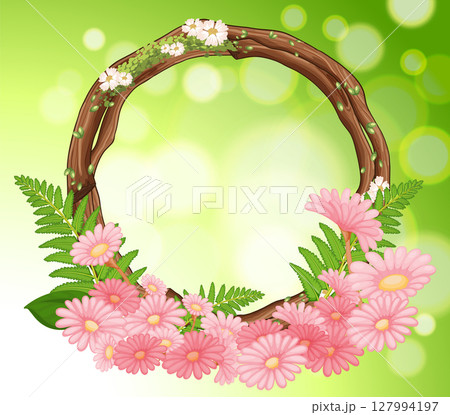 Floral Wreath with Pink Flowers and Ferns 127994197