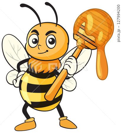 Cheerful Cartoon Bee with Honey Dipper 127994200