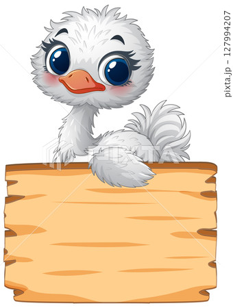 Cute Ostrich Chick with Wooden Sign Cute Ostrich Chick with Wooden Sign 127994207