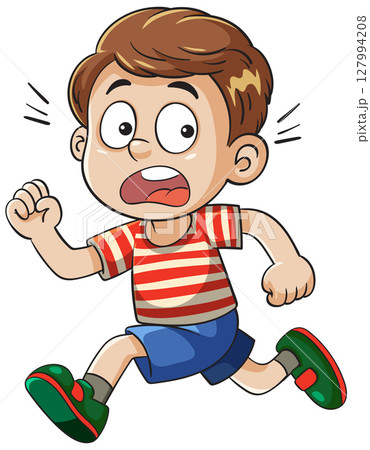 Cartoon Boy Running in Striped Shirt Cartoon Boy Running in Striped Shirt 127994208