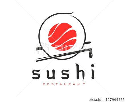 Asian cuisine, Japanese sushi restaurant icon with salmon. Japan seafood cafe meal, Asian restaurant or sushi bar vector emblem or symbol. Sushi roll with salmon, chopsticks and griping sauce sign Asian cuisine, Japanese sushi restaurant icon with salmon. Japan seafood cafe meal, Asian restaurant or sushi bar vector emblem or symbol. Sushi roll with salmon, chopsticks and griping sauce sign 127994333