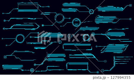 HUD futuristic display and screen, info boxes, ui interface. Vector neon glowing borders graphic design elements. Information panels, callout titles, tech digital bars for game menu, user app set HUD futuristic display and screen, info boxes, ui interface. Vector neon glowing borders graphic design elements. Information panels, callout titles, tech digital bars for game menu, user app set 127994355