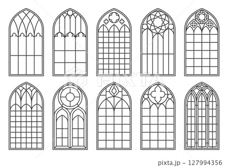 Gothic church glass windows and medieval castle arches. Isolated vector black outline silhouettes set. Vintage stained glass frames cathedral interior, traditional european architecture elements 127994356