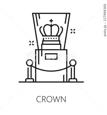 Royal jewelry museum exhibition line icon or pictogram. Royal regalia museum vector icon, gallery outline symbol. Jewelry exposition pictogram with medieval king or queen crown under glass cover Royal jewelry museum exhibition line icon or pictogram. Royal regalia museum vector icon, gallery outline symbol. Jewelry exposition pictogram with medieval king or queen crown under glass cover 127994368