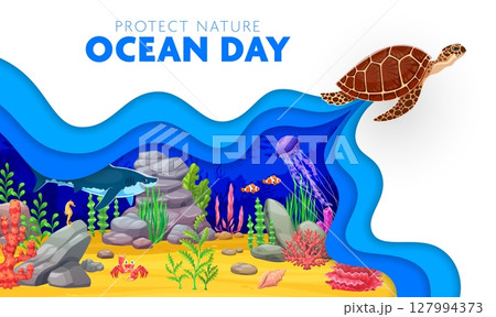 Paper cut oceans day banner with sea turtle and underwater landscape. Marine nature and ecology protection vector flyer. Oceans day holiday papercut banner or poster with shark, jellyfish and seaweeds 127994373