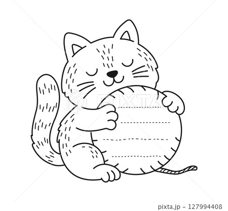 Cat or kitten cheerful animal kids memo note template. Happy kitten scrapbook vector page, kids diary sheet template. Funny pet animal memo note or To Do checklist with cat playing with threads ball 127994408