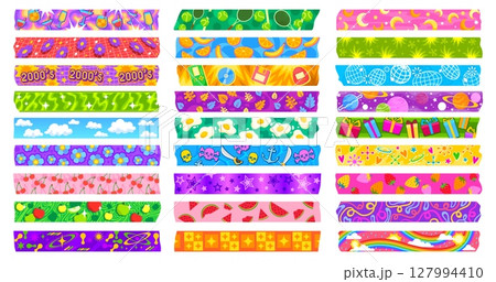 Y2k washi tape adhesive pieces. Vector paper scotch stripes or scrapbooking stickers with groovy patterns and torn edges. Vintage y2k flowers, fruits, aesthetic shapes and planets washi tapes set 127994410