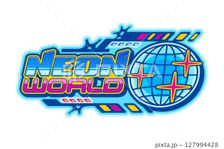 Neon world globe element retro Y2K icon or sign. International business planet vintage vector sign, worldwide travel globe emblem. Earth globus icon with retro futuristic metallic typography text 127994428