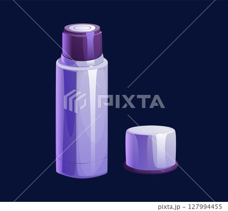 Herbal, fruit and berry tea container. Hot drink or beverage vacuum thermo flask made of stainless steel or alluminum isolated cartoon vector icon. Travel, outdoor sport and hiking water container Herbal, fruit and berry tea container. Hot drink or beverage vacuum thermo flask made of stainless steel or alluminum isolated cartoon vector icon. Travel, outdoor sport and hiking water container 127994455