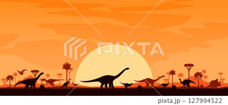 Jurassic era landscape with dinosaur silhouettes. Vector background with lush tropical trees beneath a golden sunset, mountains in the distance, silhouettes of majestic dino roaming across the horizon 127994522