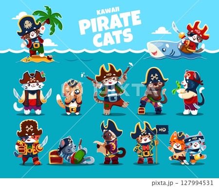 Kawaii pirate cat animals characters in corsair costumes. Cute captain, sailor, skipper, gunner and boatswain pirate cats and kittens vector personages set with black hats, flag, treasure chest, map 127994531