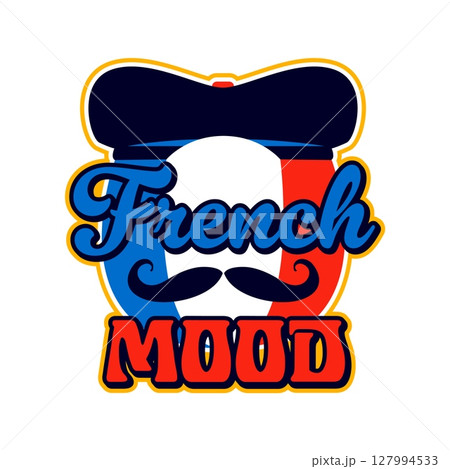 France french mood retro Y2K sticker or symbol. France flag colors 60s 70s vector patch, Europe country culture Y2K tag. French tourism label or sticker with beret cap, mustaches and typography France french mood retro Y2K sticker or symbol. France flag colors 60s 70s vector patch, Europe country culture Y2K tag. French tourism label or sticker with beret cap, mustaches and typography 127994533
