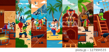 Cartoon funny animal pirates or corsairs characters collage. Cheerful sloth, gorilla, elephant and funny fox, tiger, dog and parrot animal pirate captain, sailor vector personages hunting treasures Cartoon funny animal pirates or corsairs characters collage. Cheerful sloth, gorilla, elephant and funny fox, tiger, dog and parrot animal pirate captain, sailor vector personages hunting treasures 127994535