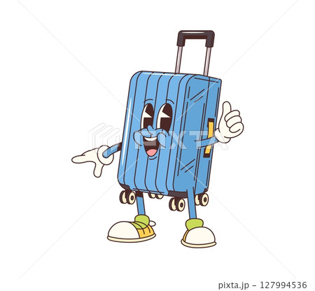 Cartoon groovy travel suitcase, summer leisure character. Vacation travel, holiday trip luggage bag cute personage shoving thumb up. Blue plastic suitcase with wheels, handle groovy vector character Cartoon groovy travel suitcase, summer leisure character. Vacation travel, holiday trip luggage bag cute personage shoving thumb up. Blue plastic suitcase with wheels, handle groovy vector character 127994536
