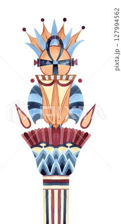 Egyptian composition ancient ornament. Egyptian lotus shaped vessel, geometric patterns with Ankh. Watercolor illustration isolated on white. Bowl symbols for ancient culture concept. Vertical border 127994562