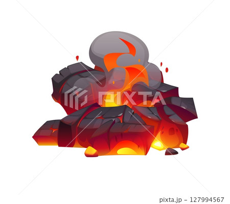Cartoon fireplace charcoal, fire flame on burn ember coal piece and ash. Burnt ember or charcoal single isolated vector piece. Barbecue flaming, fiery hot charcoal, fireplace or bonfire burning coal 127994567