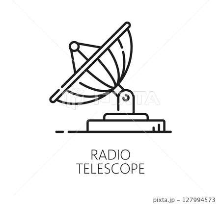 Space radio telescope antenna and galaxy line icon. Space research outline vector sign, cosmos discovery thin line icon. Astronomy science lineart symbol or galaxy outerspace exploration pictogram 127994573