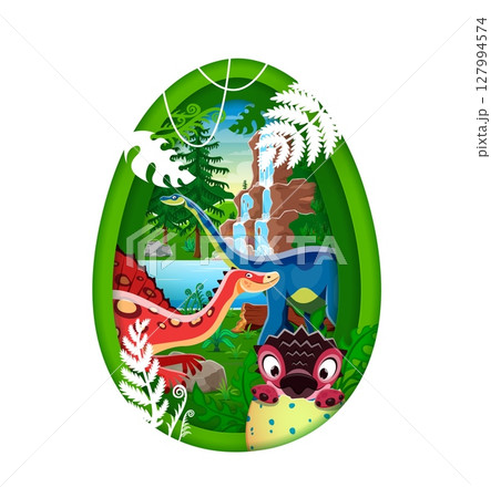 Prehistoric paper cut dinosaur egg. Extinct animals cheerful characters, paleontology reptile paper cut vector concept with baby dino egg, quaesitosaurus, ouranosaurus dinosaurs in jungle landscape 127994574