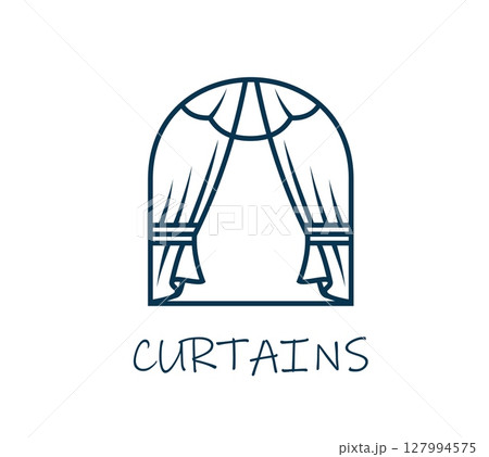 Opera theater or home window interior curtain icon. Theater performance or opera concert stage drapery or curtain linear vector symbol or emblem. Home window fabric blinds shop or store icon or sign 127994575