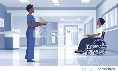 Nurse Serving Meal to Patient in Wheelchair in Hospital Hallway 127994629