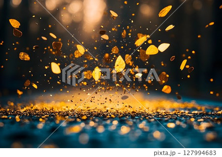 Golden Particles Exploding Against Dark Background 127994683