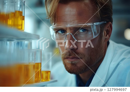 Focused Scientist Examining Yellow Liquids in Laboratory 127994697