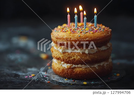 Three-Layered Birthday Cake with Sprinkles and Lit Candles on Da 127994706