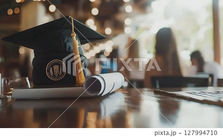 Graduation cap and diploma on a table with blurred figures in th 127994710