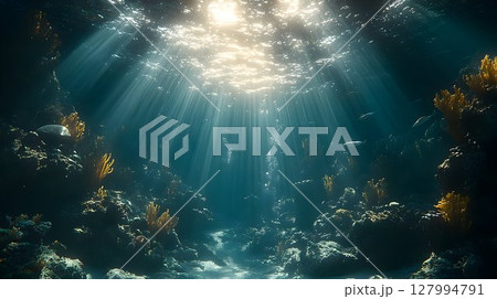 Sunlit Underwater Scene with Rays of Light and Marine Life Sunlit Underwater Scene with Rays of Light and Marine Life 127994791