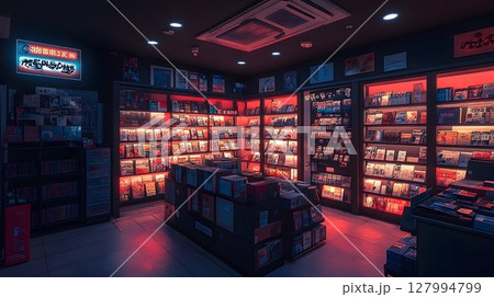Dark bookstore interior with red and pink lighting bookshelves and products 127994799