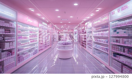 Pink store interior with products on shelves retail background 127994800