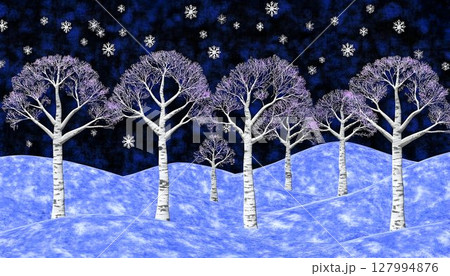 Winter night landscape with birch trees and snowflakes Winter night landscape with birch trees and snowflakes 127994876