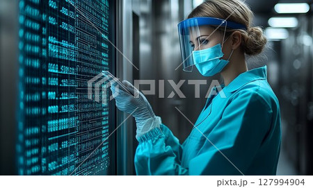 Female scientist analyzing data on large screen protective gear 127994904