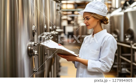 Female worker inspecting equipment in a manufacturing plant 127994905