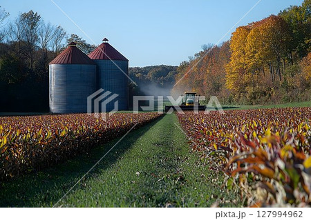Autumn harvest tractor working in rural field with colorful foliage 127994962
