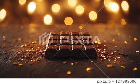 Dark chocolate bar with cocoa powder and golden sprinkles 127995006