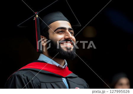 Happy graduate in cap and gown joyful education achievement portrait Happy graduate in cap and gown joyful education achievement portrait 127995026