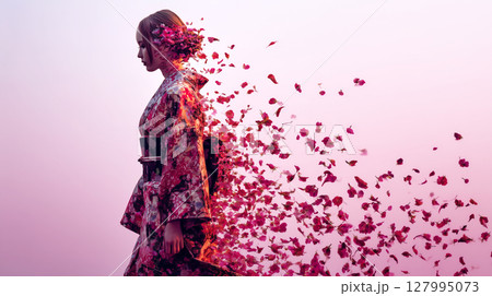 赤い着物を着た若い日本人女性が歩く 桜の花びらが花吹雪となって舞う 127995073