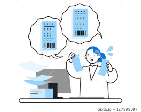 DX デジタルトランスフォーメーションを推進する社会のイラスト　レシート精算に悩む人 127995097