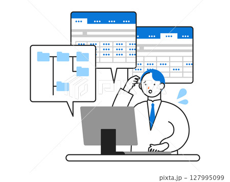 DX デジタルトランスフォーメーションを推進する社会のイラスト たくさんのファイルを前に困る人 DX デジタルトランスフォーメーションを推進する社会のイラスト たくさんのファイルを前に困る人 127995099