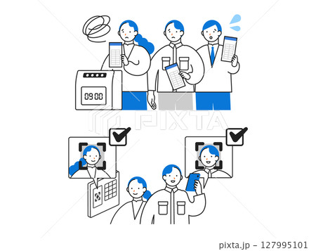 DX デジタルトランスフォーメーションを推進する社会のシンプルなイラスト　タイムカード顔認証 127995101