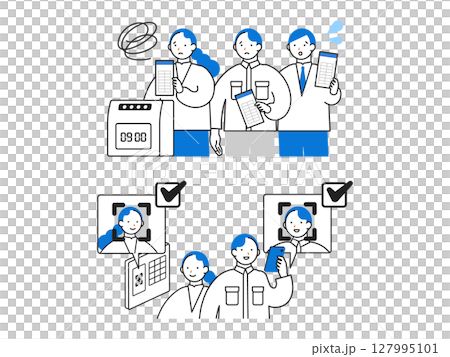 DX デジタルトランスフォーメーションを推進する社会のシンプルなイラスト　タイムカード顔認証 127995101