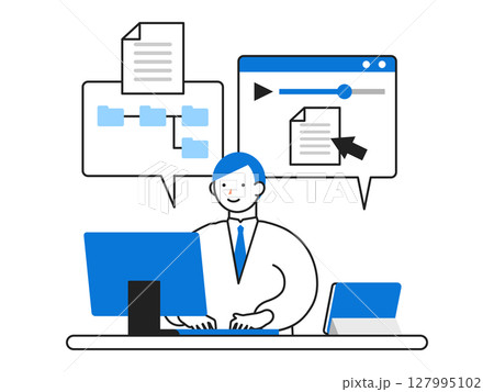 DX デジタルトランスフォーメーションを推進する社会のシンプルなイラスト　e-ラーニングで属人化解消 127995102