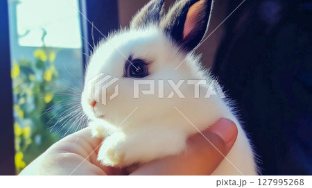 Cute white rabbit being held gently in hand 127995268
